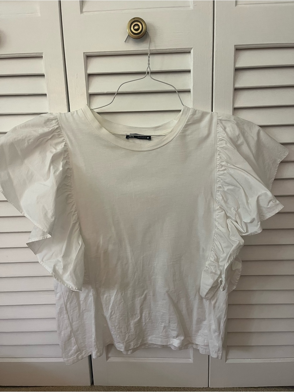 Zara White Ruffled Sleeve Short Sleeve Tee